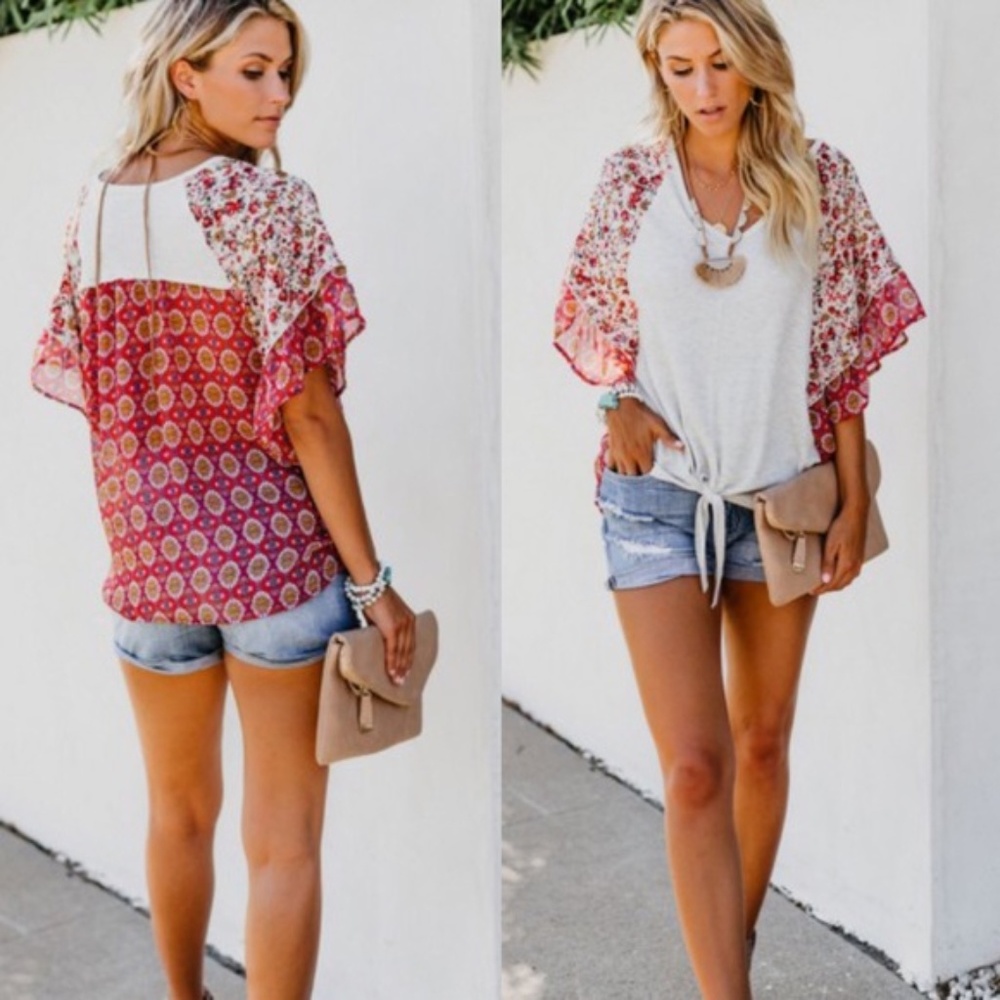 Harper PatchWork Front Tie Blouse Top